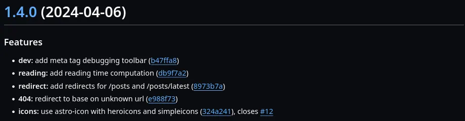 Changelog of version 1.4.0 of this blog