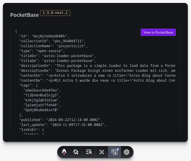 Entity viewer in the Astro toolbar