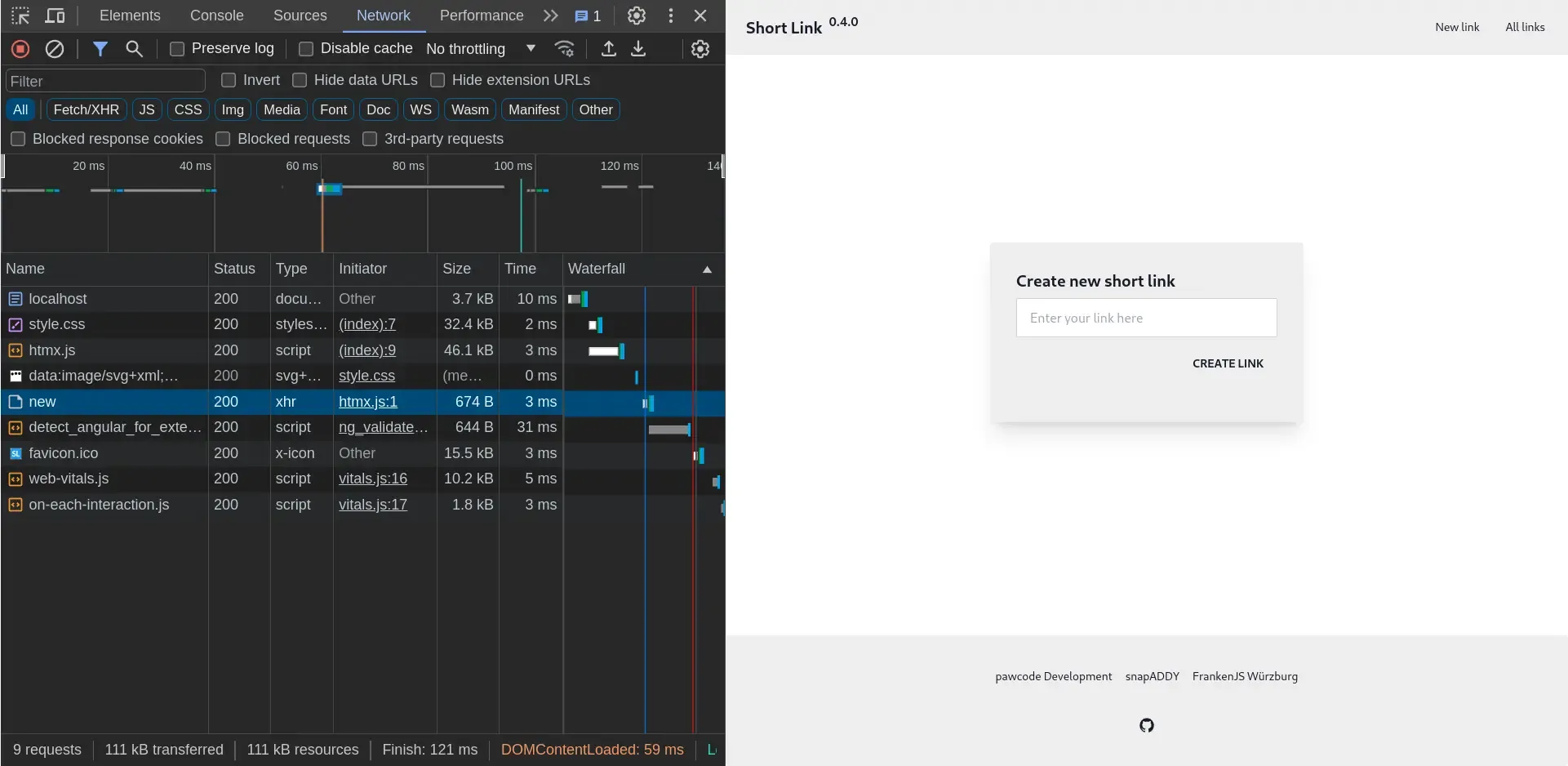 Lazy loaded link creation form with networking dev-tools open