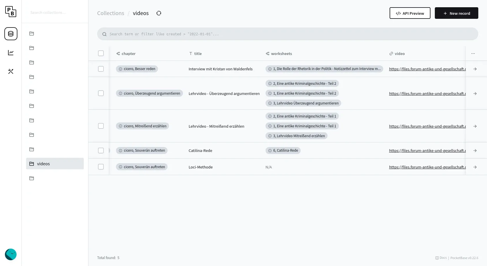 Table of video material in PocketBase